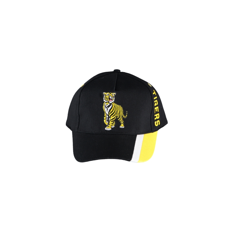 Casquette noire au style sportif avec d’un tigre brodé et de bandes jaune et blanche.