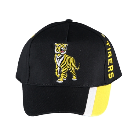 Casquette noire au style sportif avec d’un tigre brodé et de bandes jaune et blanche.